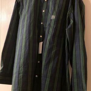 Stafford Men's Green and Blue Striped Button Down Shirt